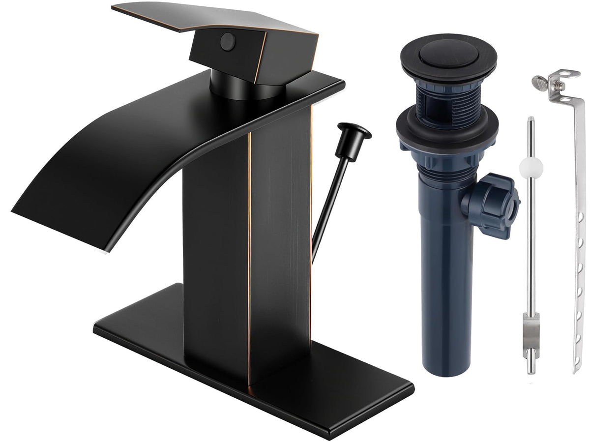 Matte Black Bathroom Faucet with Waterfall Spout and Pop-up Drain