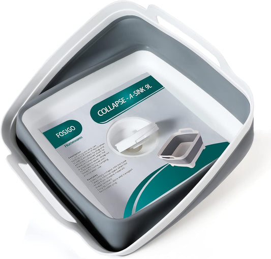 FOSJGO Collapsible Dish Basin with Drain Plug, Foldable Sink, 2.4 Gal (9L)