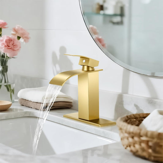 Brushed Gold Bathroom Faucets, Waterfall Bathroom Sink Faucet
