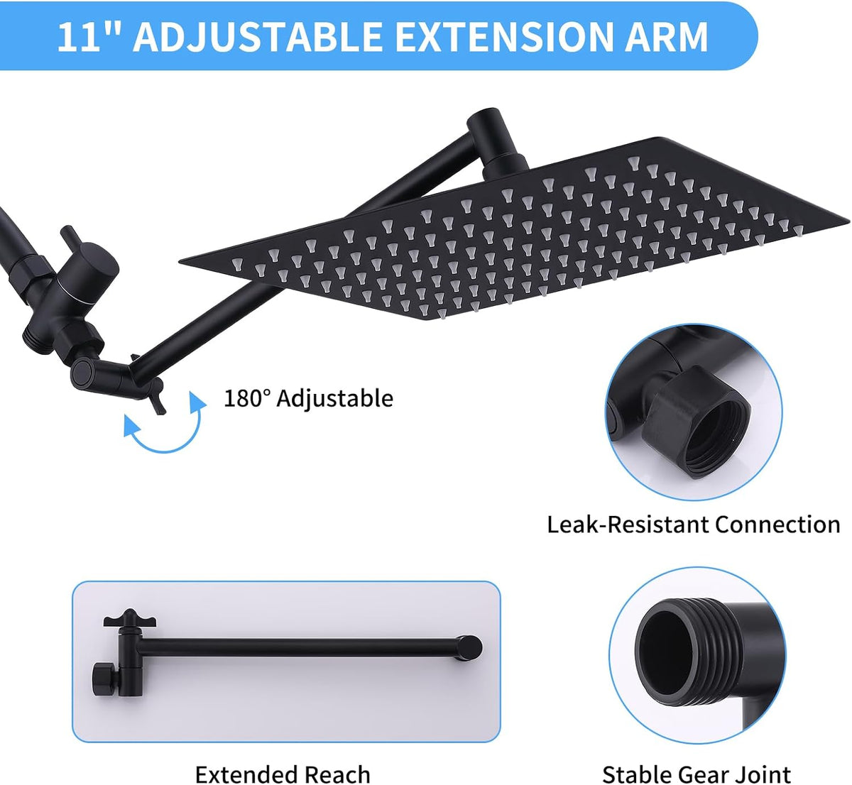 Peicuai Shower Head Combo, 10-Inch High-Pressure Rainfall Shower Head with 11-Inch Adjustable Extension Arm, 5-Setting Matte Black Handheld Shower with Long Hose, Powerful Spray for Low Water Pressure