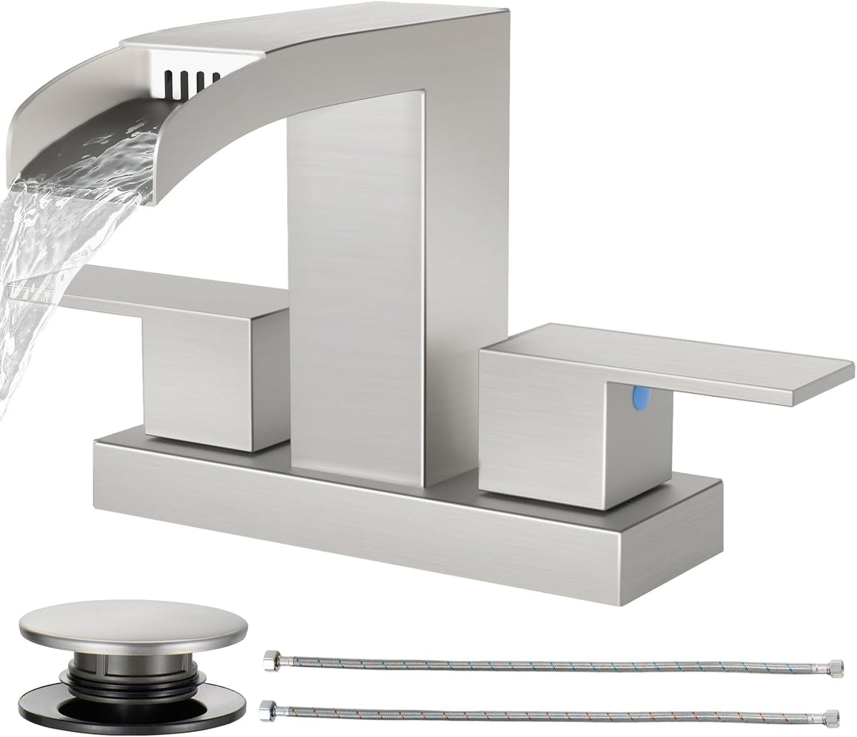 Cobbe Waterfall Bathroom Faucet, Brushed Nickel 4 Inch Centerset 3 Hole