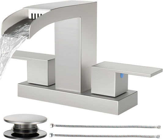 Cobbe Waterfall Bathroom Faucet, Brushed Nickel 4 Inch Centerset 3 Hole