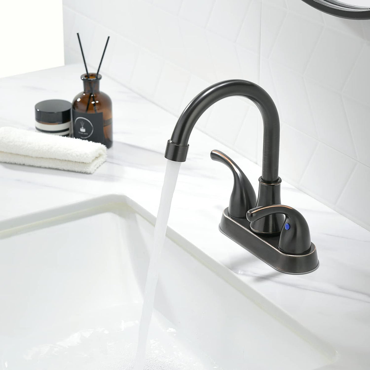 Bathroom Sink Faucet FRANSITON 4 Inch 2 Handle Bathroom Sinks Faucets Lead-Free Oil Rubbed Bronze Bath Sinks Faucets with Pop-up Drain Stopper and Supply Hoses
