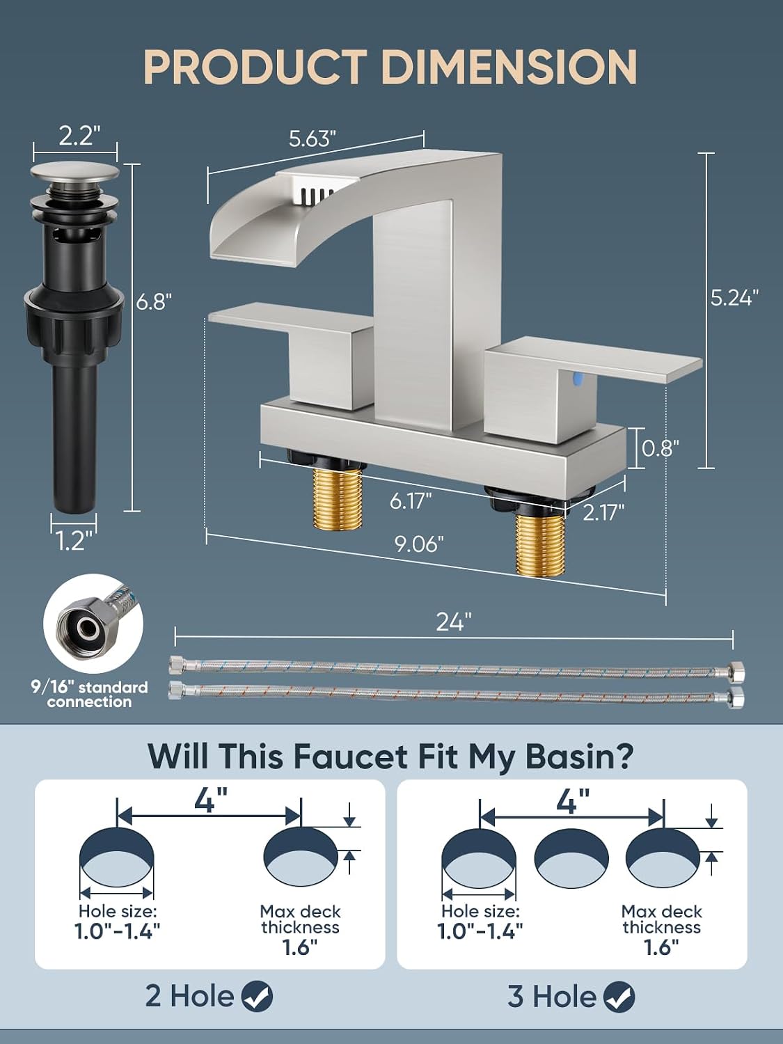 Cobbe Waterfall Bathroom Faucet, Brushed Nickel 4 Inch Centerset 3 Hole