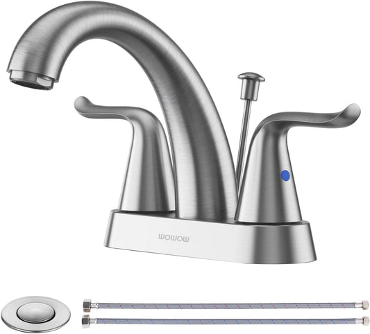 WOWOW Bathroom Faucet 2 Handle 4 Inch Centerset Bathroom Sink Faucet, Lead-Free Basin Mixer Tap with Lift Rod Drain Stopper, 2 Handle Centerset Lavatory Brushed Nickel Vanity Faucet