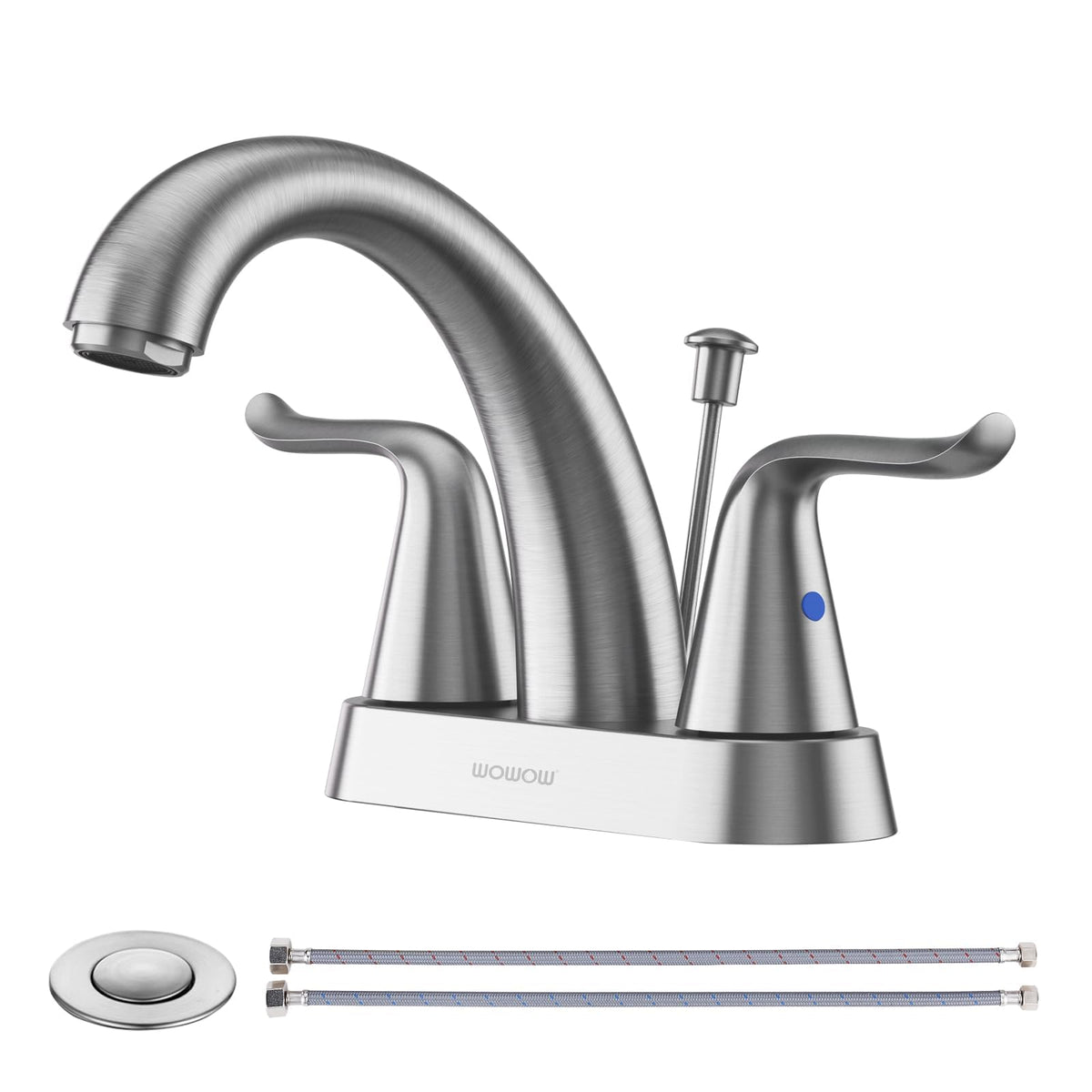 WOWOW Bathroom Faucet 2 Handle 4 Inch Centerset Bathroom Sink Faucet, Lead-Free Basin Mixer Tap with Lift Rod Drain Stopper, 2 Handle Centerset Lavatory Brushed Nickel Vanity Faucet