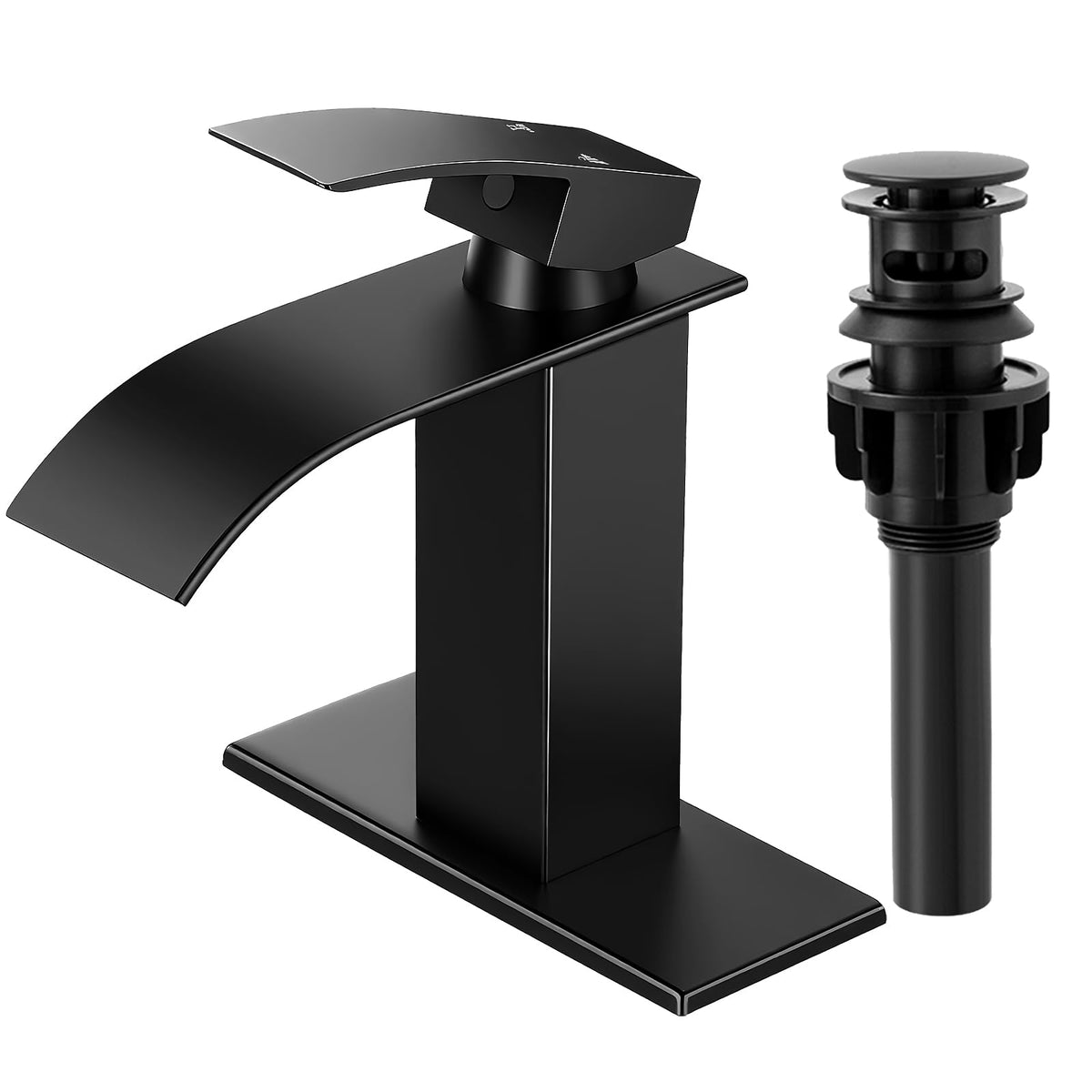 Matte Black Bathroom Faucet with Waterfall Spout and Pop-up Drain