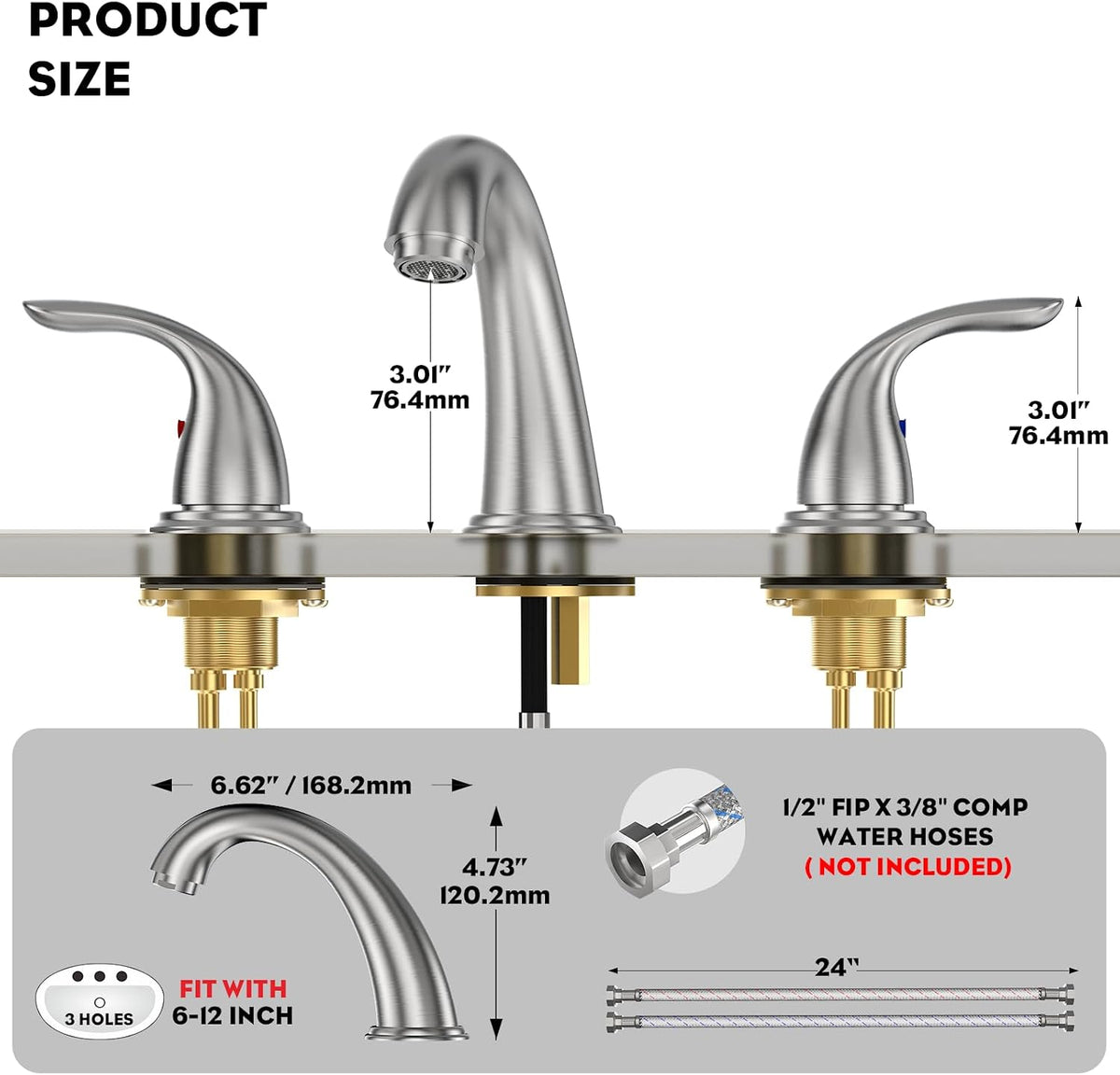 Phiestina 8 Inch 2 Handles 3 Holes Deck Mount Brushed Nickel Widespread Bathroom Faucet, with Stainless Steel Pop Up Drain, WF008-5-BN