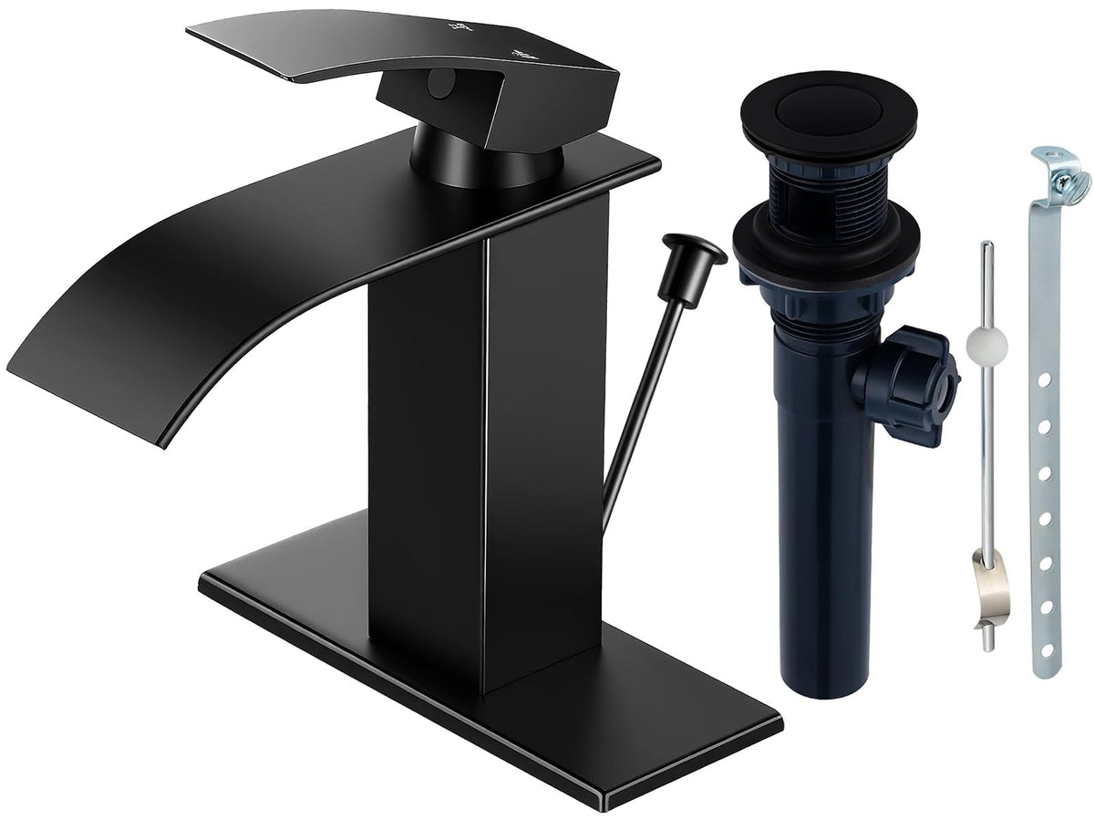 Matte Black Bathroom Faucet with Waterfall Spout and Pop-up Drain