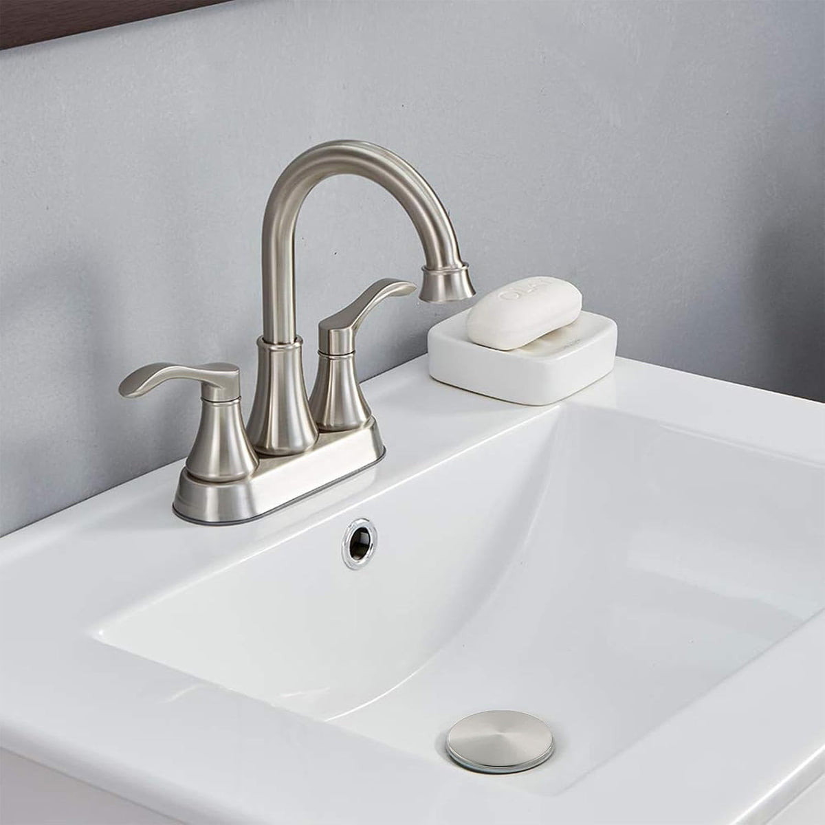 Bathroom Faucet, 4 Inch Centerset, 2 Handle High-Arc, Brushed Nickel