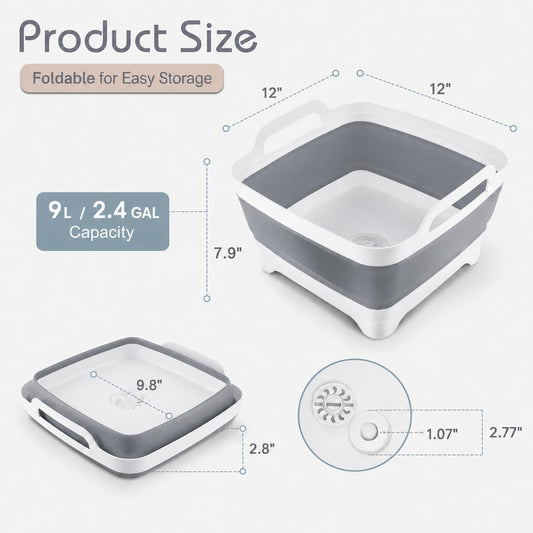 Collapsible Dish Basin with Drain Plug, Foldable Wash Basin 2.4 Gal (9L)