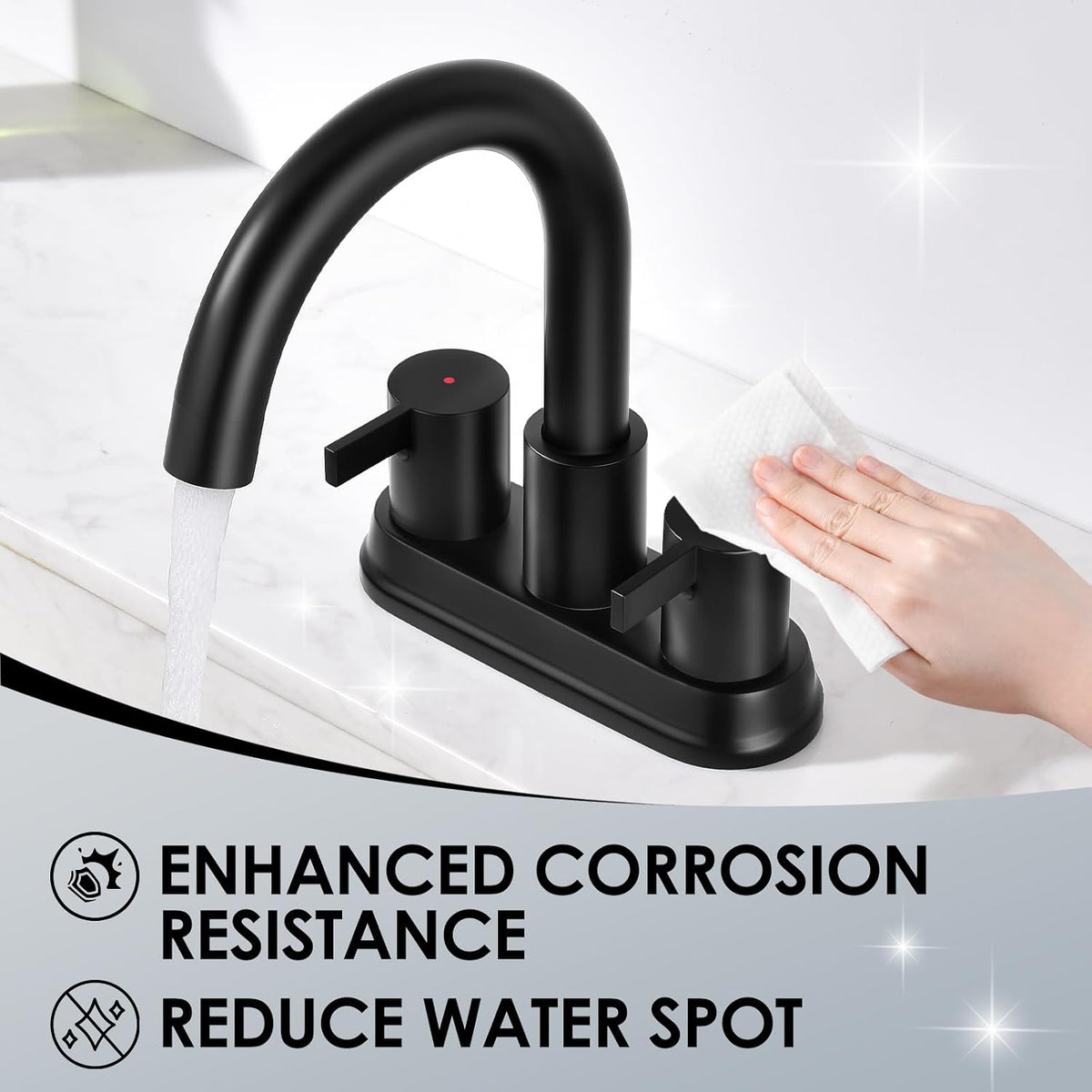 Two Handle 4 inch Black Bathroom Faucet, Bathroom Sink Faucet for 3 Holes with Pop-up Drain and 2 Supply Hoses, Lead-Free
