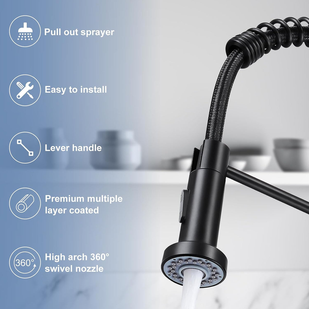 DJS Kitchen Sink Faucet with Pull Down Sprayer Single Handle Matte Black