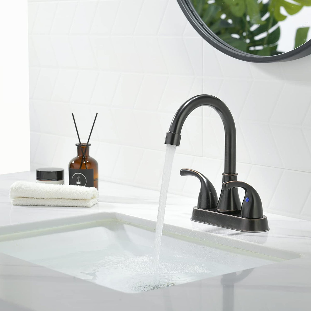 Bathroom Sink Faucet FRANSITON 4 Inch 2 Handle Bathroom Sinks Faucets Lead-Free Oil Rubbed Bronze Bath Sinks Faucets with Pop-up Drain Stopper and Supply Hoses