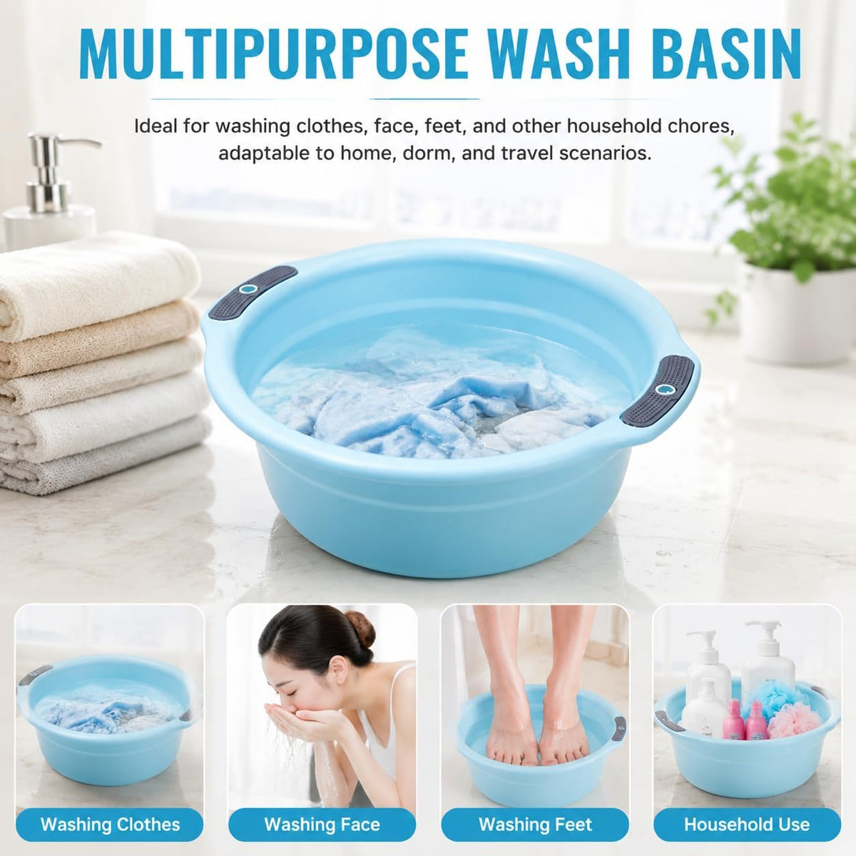 Wash Basin for Elderly Home Dormitory, Clothes Face Feet, Light Blue, Large