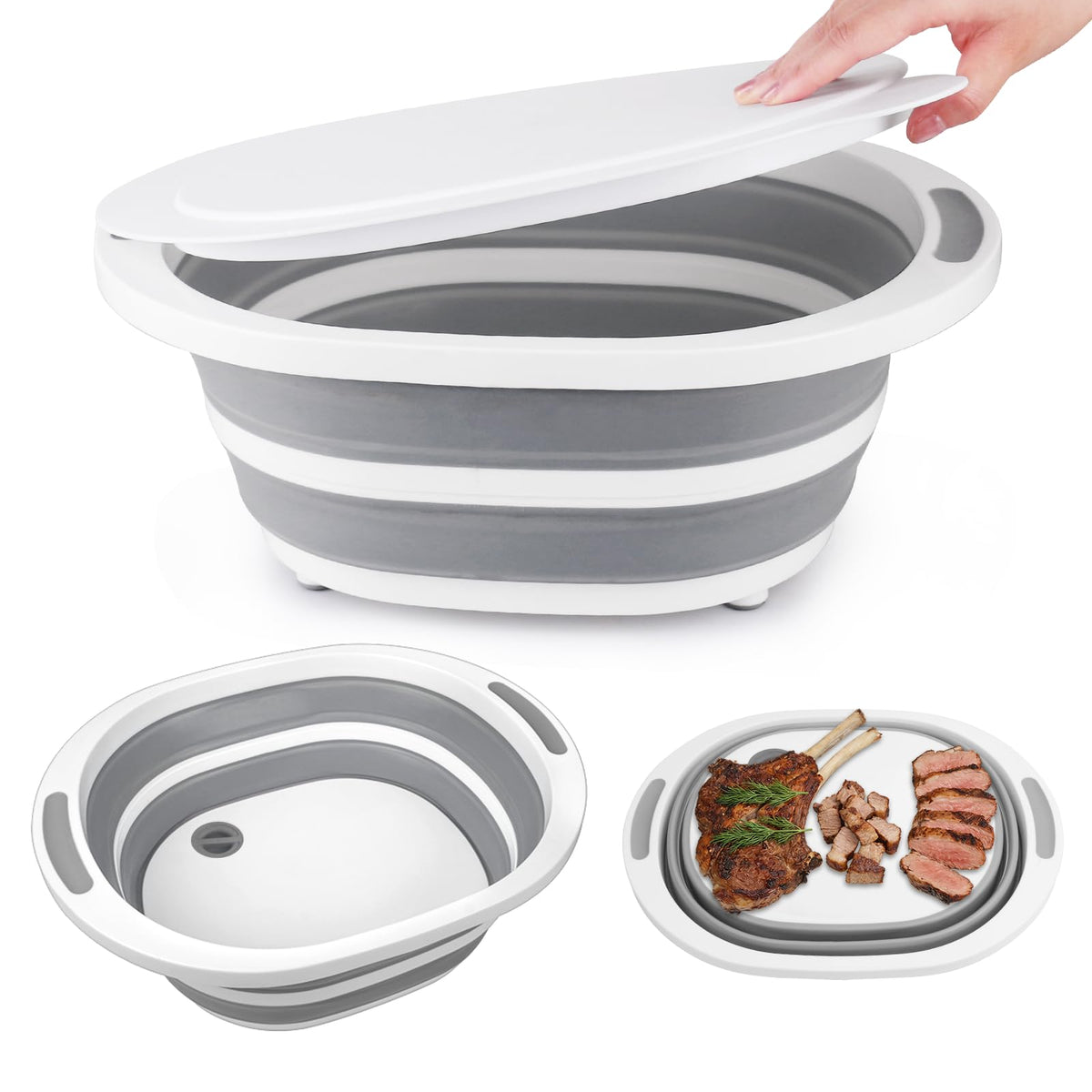 Collapsible Wash Basin, 7.5L Dish Tub Sink Basin Folding Dish Pans for Kitchen Sink, 2-in-1 Dishpan + Cutting Board, Portable Sink Dish Basin for Camping BBQ Prep Tub Washing Bin Bucket for Cleaning