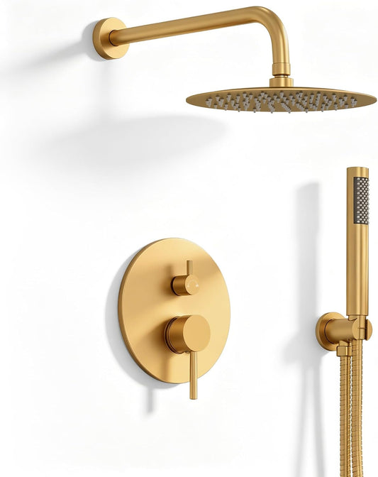 Shower Faucet Set with 10'' Rainfall Head, Handheld and Valve, Brushed Gold