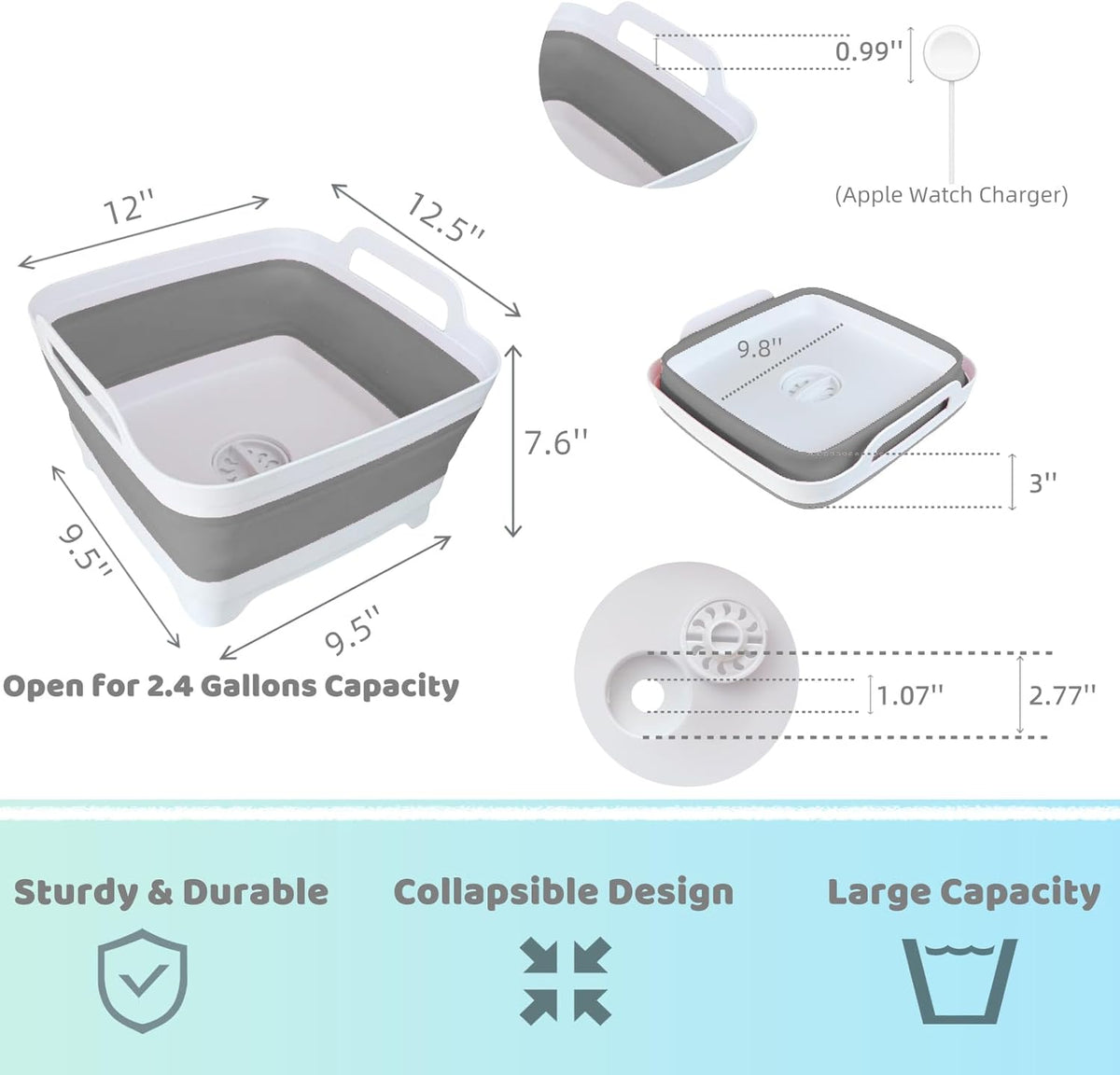 GIMWA 2.4Gal Collapsible Dish Basin with Drain Plug, Baby Bottle Wash Basin