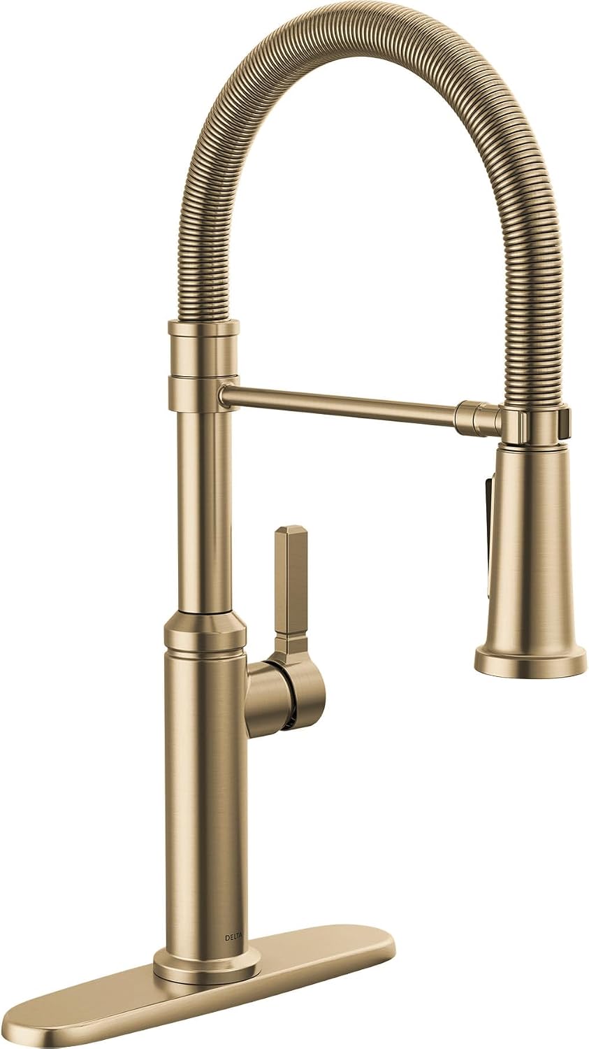 Delta Faucet Rhett Pro Commercial Style Kitchen Faucet with Pull Down Sprayer, Gold Commercial Kitchen Faucet, Spring Kitchen Faucet, Delta Kitchen Sink Faucet, Champagne Bronze 18829-CZ-DST
