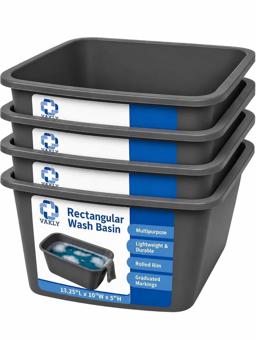 Vakly Plastic Wash Basin, 7 Qt, Rectangular, Graduated, 20 Pack