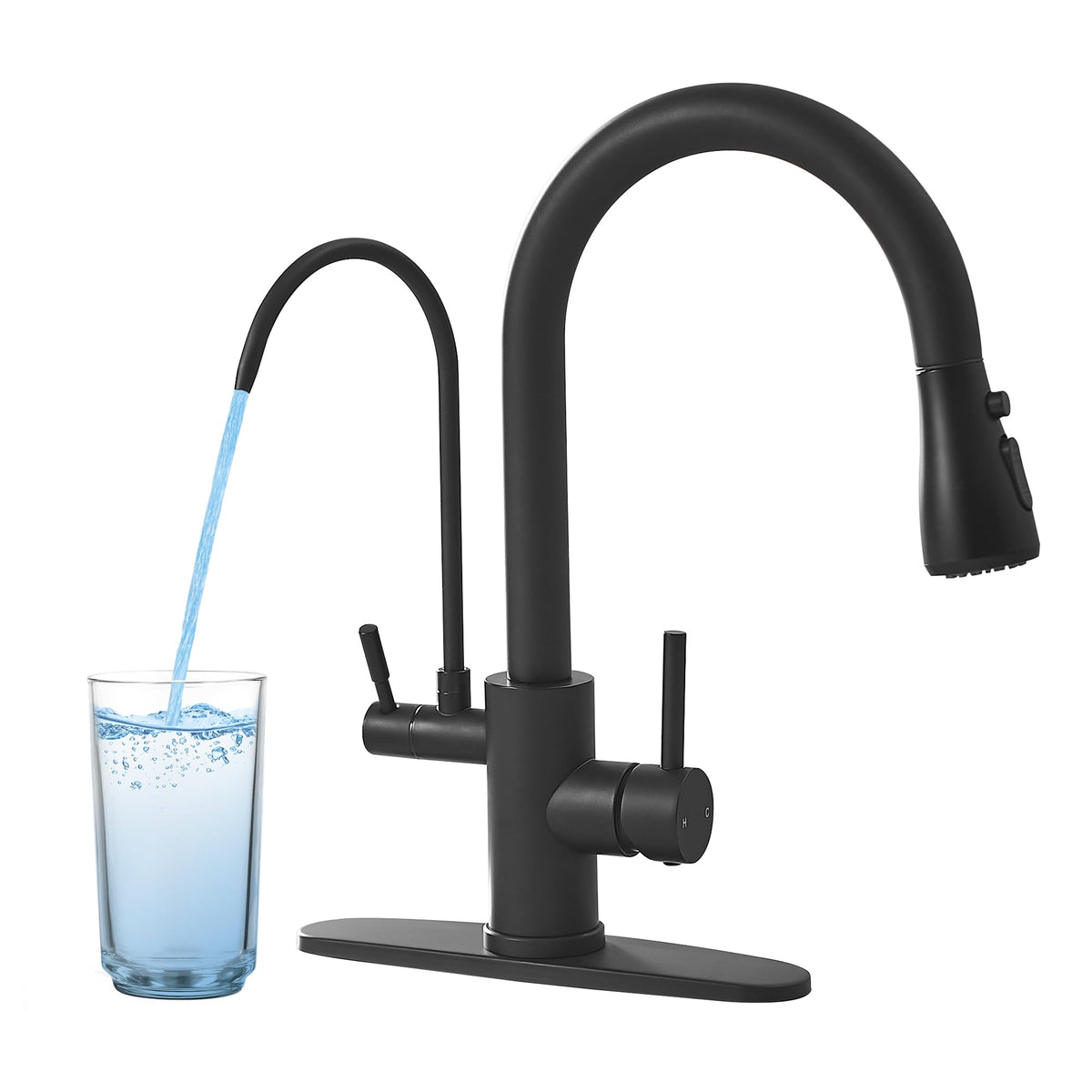 JOOM Black Waterfall Kitchen Faucet with Pull Down Sprayer & Soap Dispenser