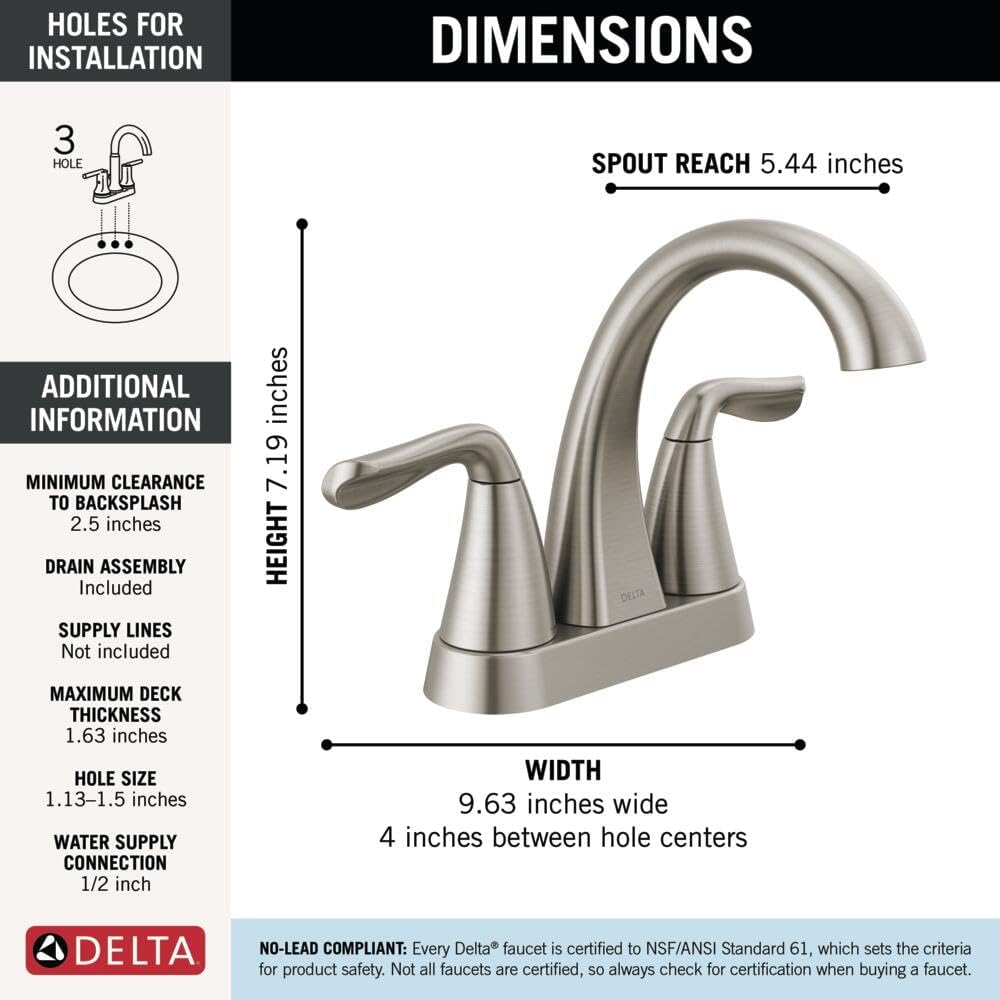 Delta Arvo Centerset Bathroom Faucet, Brushed Nickel 2-Handle Bathroom Faucet, Delta Bathroom Sink Faucet, Brushed Nickel 3-Hole Bathroom Faucet, Spotshield Stainless 25840LF-SS