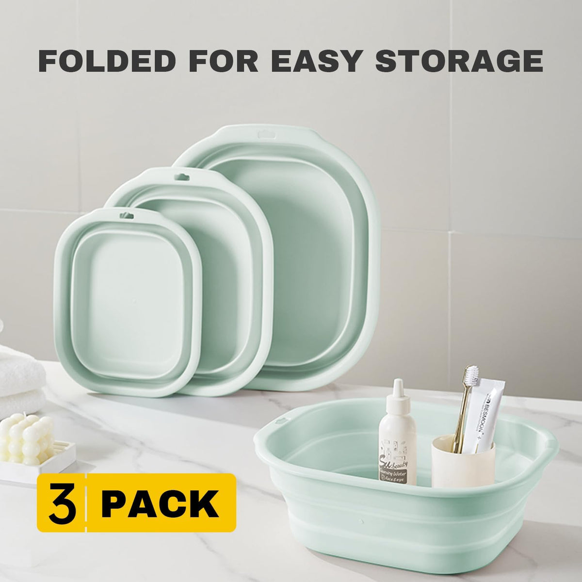 Collapsible Wash Basin Set of 3, Foldable Large Medium Small Wash Basins, Portable Plastic Basins for Laundry, Bottles, Travel, Camping (Green)