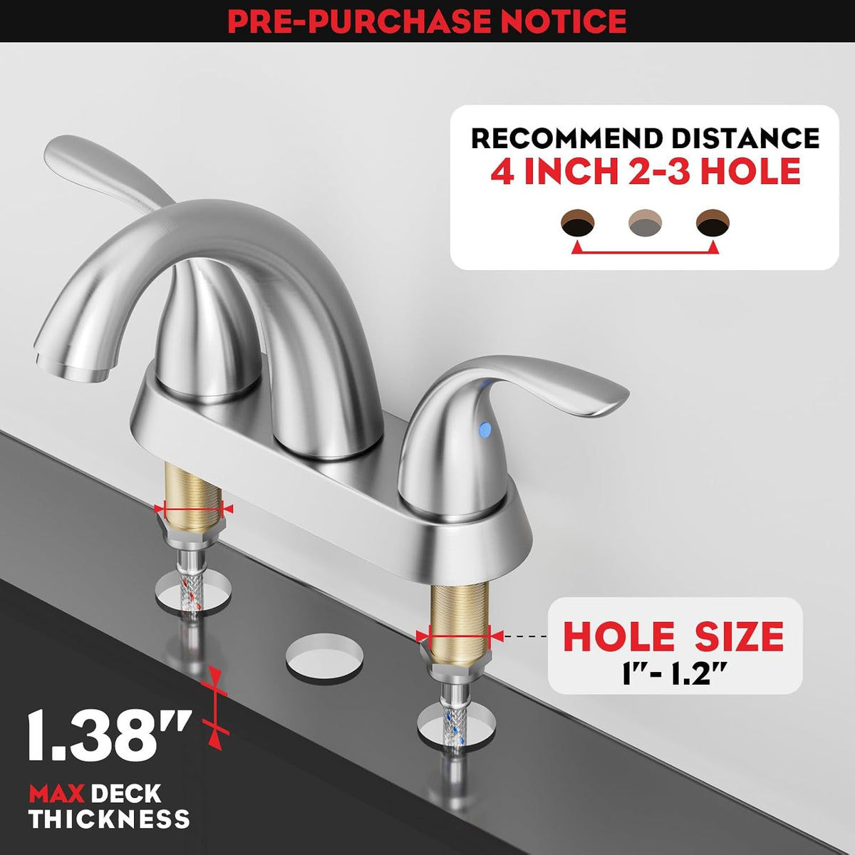 Phiestina Centerset 4 Inch Brushed Nickel 2 or 3 Holes Stainless Steel Bathroom Sink Faucet, 2 Handle Bathroom Faucet with Copper Pop Up Drain and Water Supply Lines, BF008-5-BN