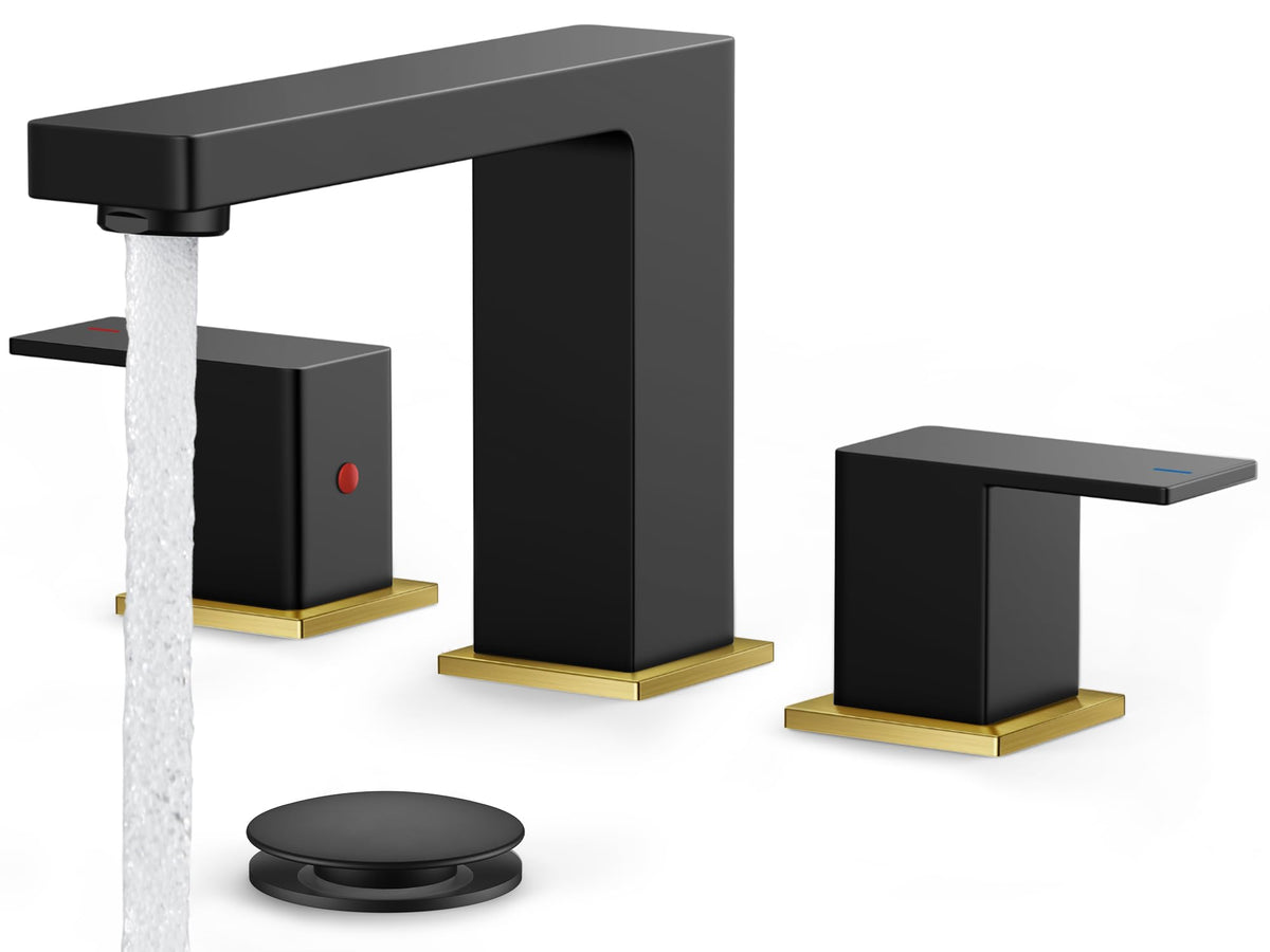 FORIOUS Black Bathroom Faucet 3 Hole, Matte Black Bathroom Sink Faucet Wide