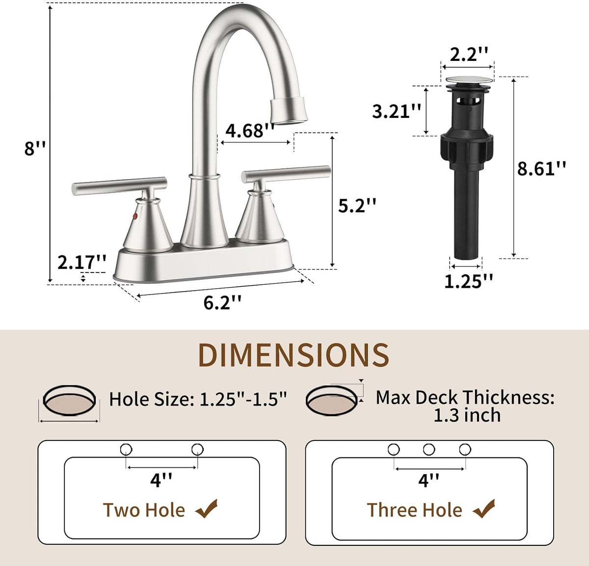 Bathroom Sink Faucet 4 Inch 2 Handle Centerset Brushed Gold Lead-Free Modern Bathroom Faucet Vanity Faucet with Pop-up Drain Stopper and Supply Hoses