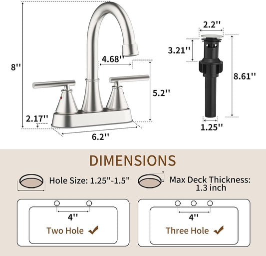 Bathroom Sink Faucet 4 Inch 2 Handle Centerset Brushed Gold Lead-Free Modern Bathroom Faucet Vanity Faucet with Pop-up Drain Stopper and Supply Hoses