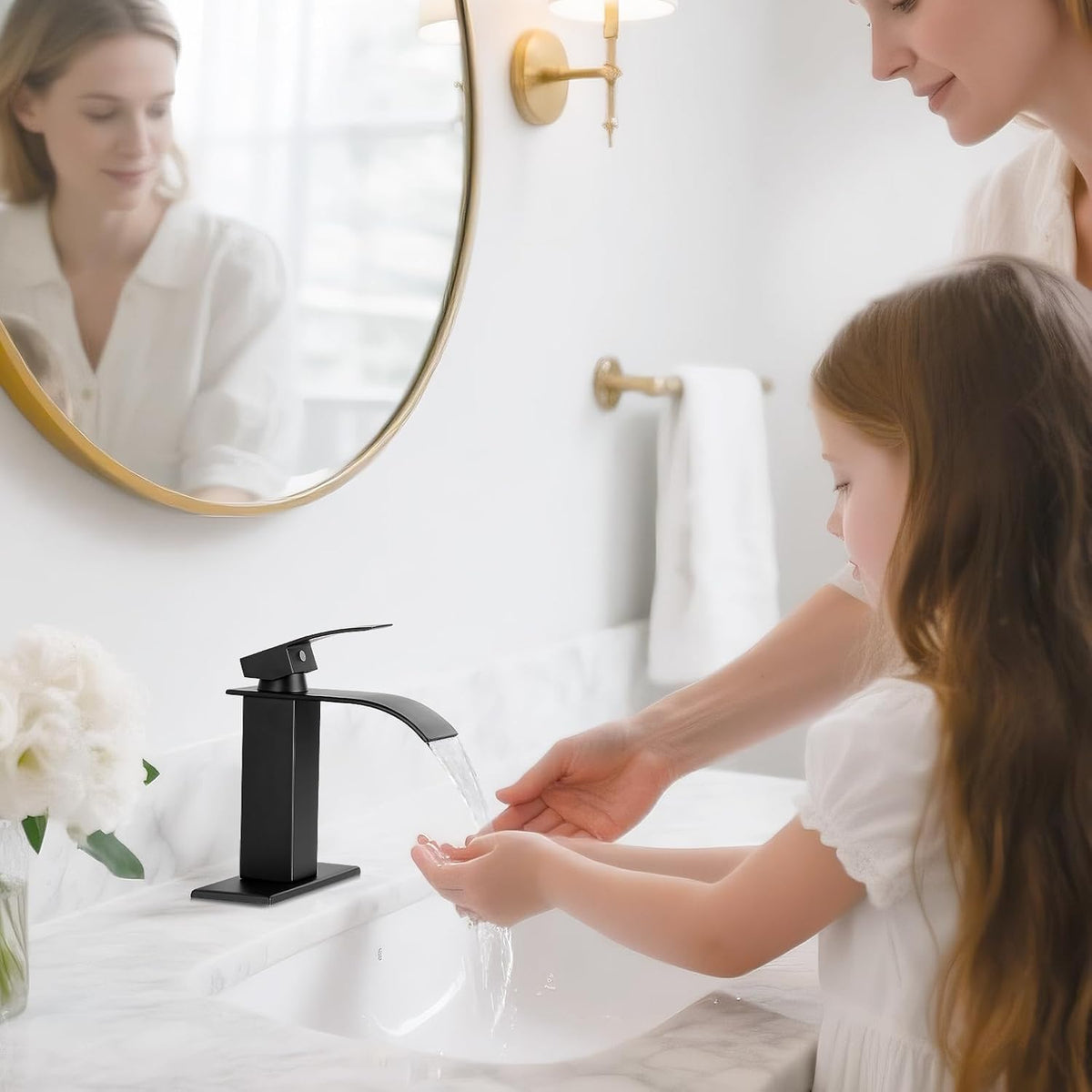 Matte Black Bathroom Faucet with Waterfall Spout and Pop-up Drain
