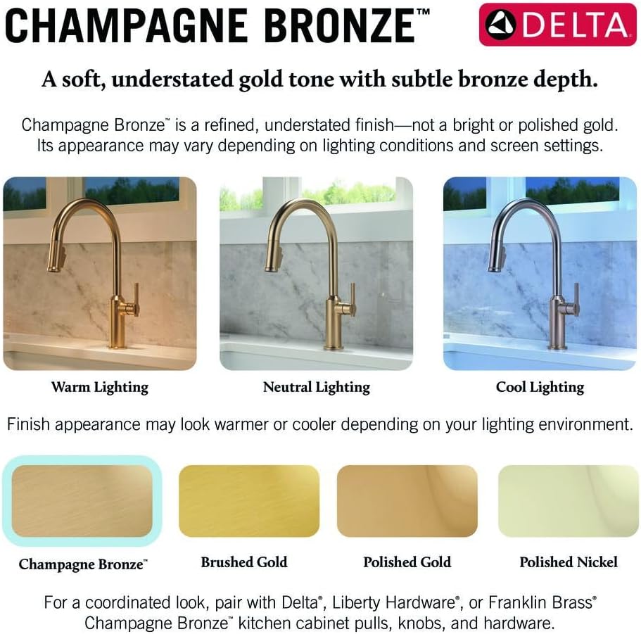 Delta Finnridge Brushed Gold Kitchen Faucet with Pull Down Sprayer, High Pressure ProClean Spray Modern Single Hole Kitchen Sink Faucet, Champagne Bronze 19730LF-CZ