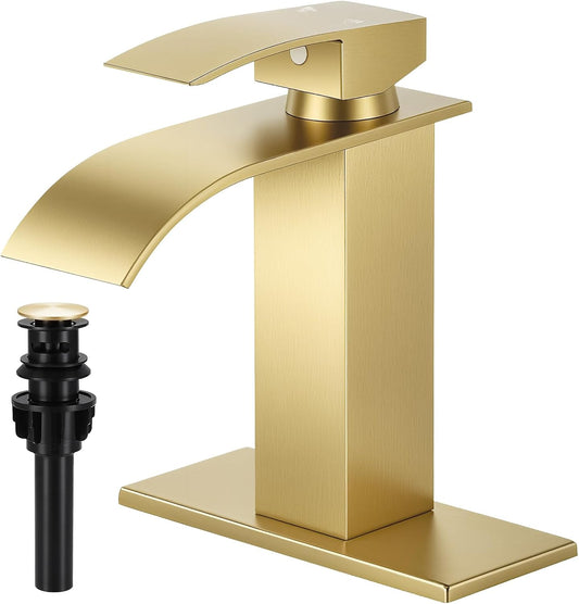 Brushed Gold Bathroom Faucets, Waterfall Bathroom Sink Faucet
