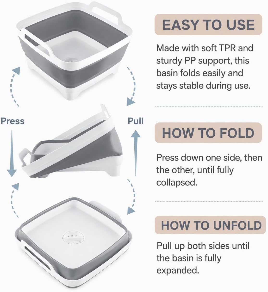 Collapsible Dish Basin with Drain Plug, Foldable Wash Basin 2.4 Gal (9L)