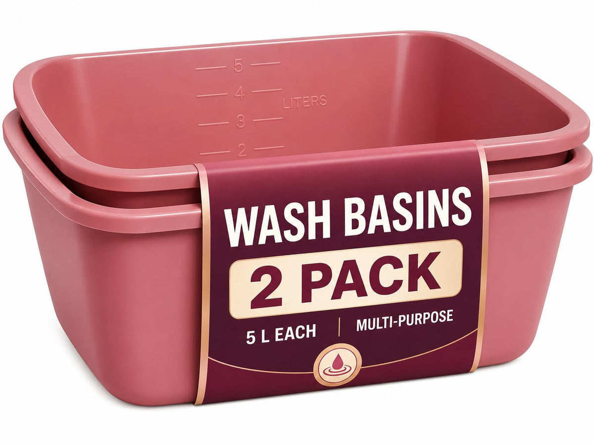 Plastic Wash Basin 5 Pack - 5 Liter Rectangle Plastic Tub with Rolled Rim - Good for Washing Limbs and Carrying Liquid - Good for Hospitals, Nursing Homes, and Medical Facilities