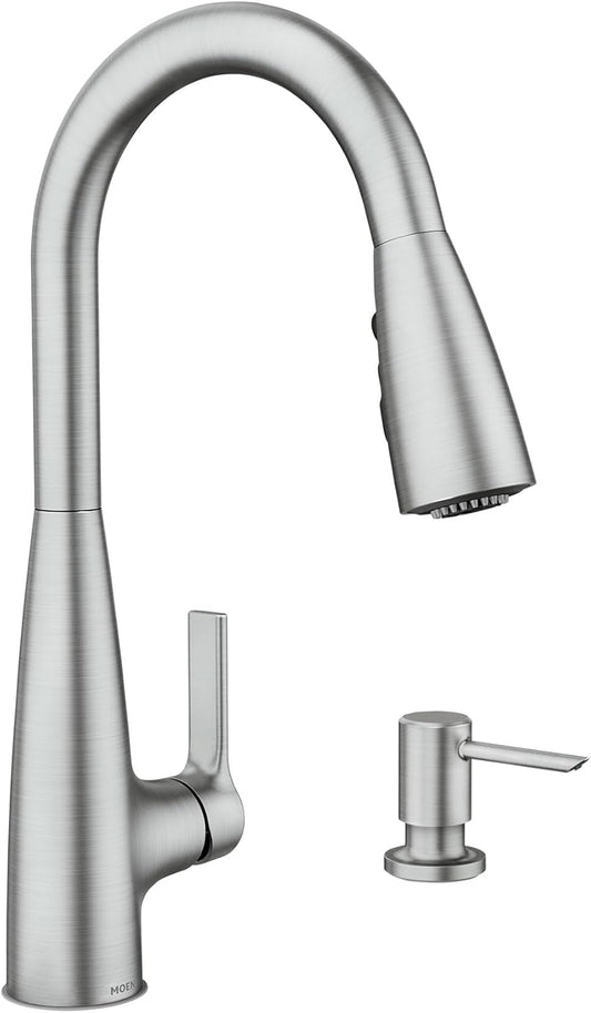 Moen Haelyn Spot Resist Stainless Single-Handle Pull-Down Sprayer Kitchen Faucet Featuring Power Boost for a Faster Clean, Soap Dispenser Included, 87627SRS