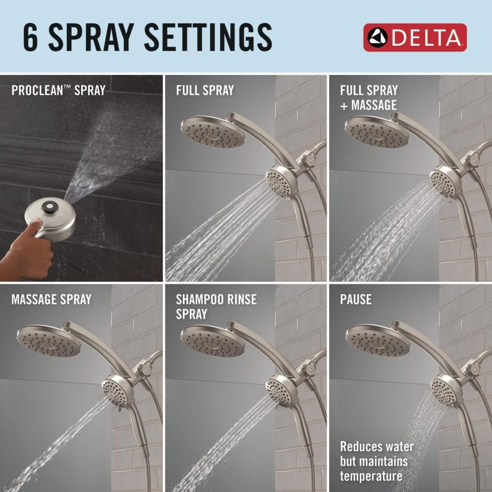 Delta 6-Setting PivotPro 3-in-1 Combination Shower Head with ProClean Spray, Brushed Nickel Round Shower Head Rainfall with Handheld Spray, 1.75 GPM, SpotShield Brushed Nickel 75649SN