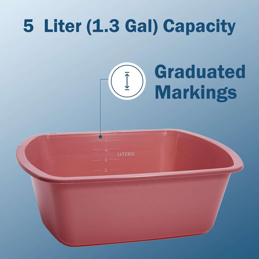 Plastic Wash Basin 5 Pack - 5 Liter Rectangle Plastic Tub with Rolled Rim - Good for Washing Limbs and Carrying Liquid - Good for Hospitals, Nursing Homes, and Medical Facilities