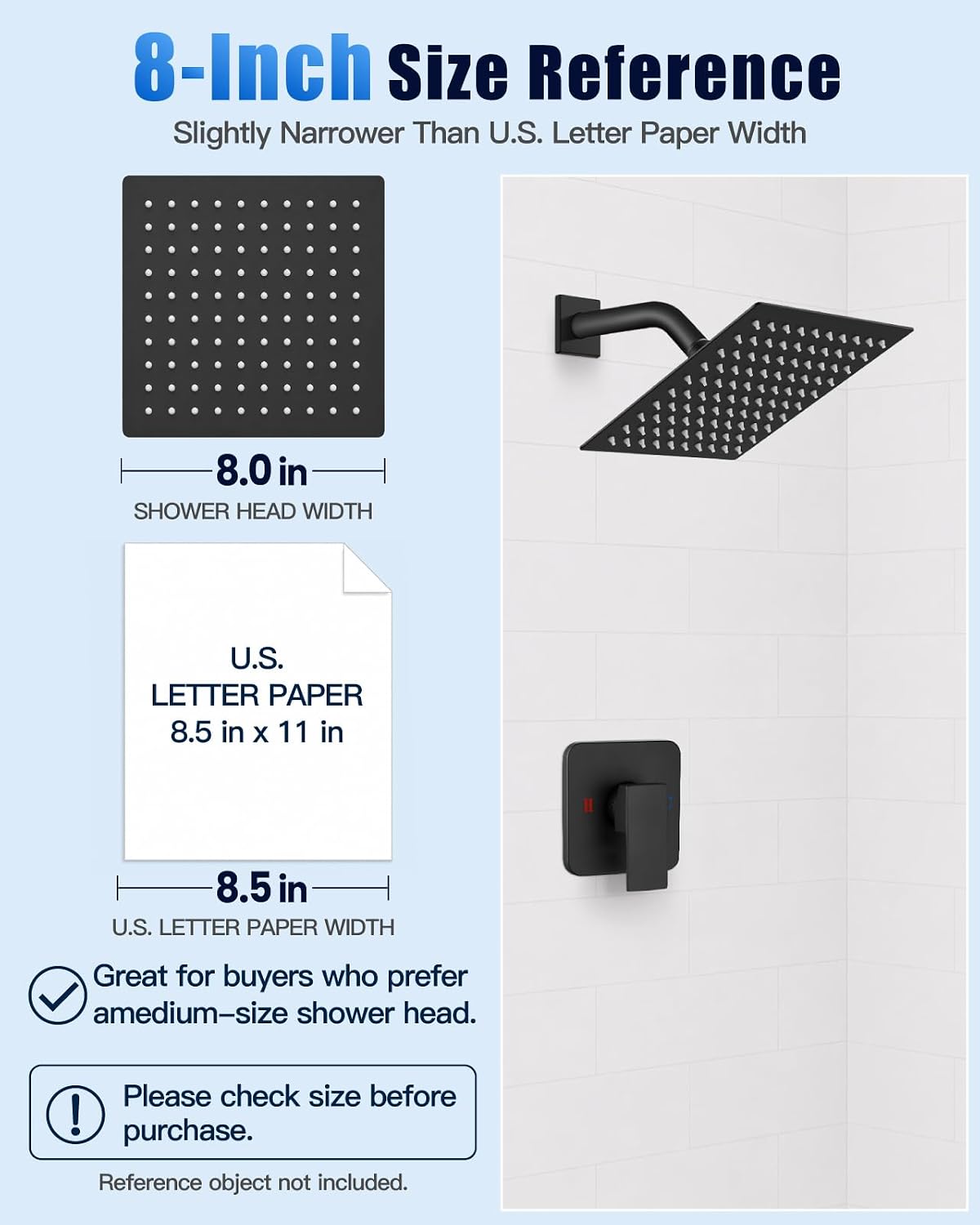 Heyalan 8 Inch Square Rain Shower Faucet Set with Valve, Matte Black