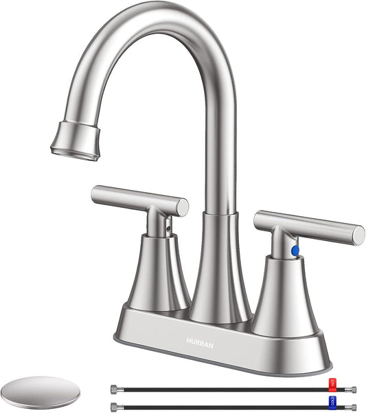 Bathroom Faucet, Hurran 4 inch Centerset 2-Handle Lead-Free, Brushed Nickel