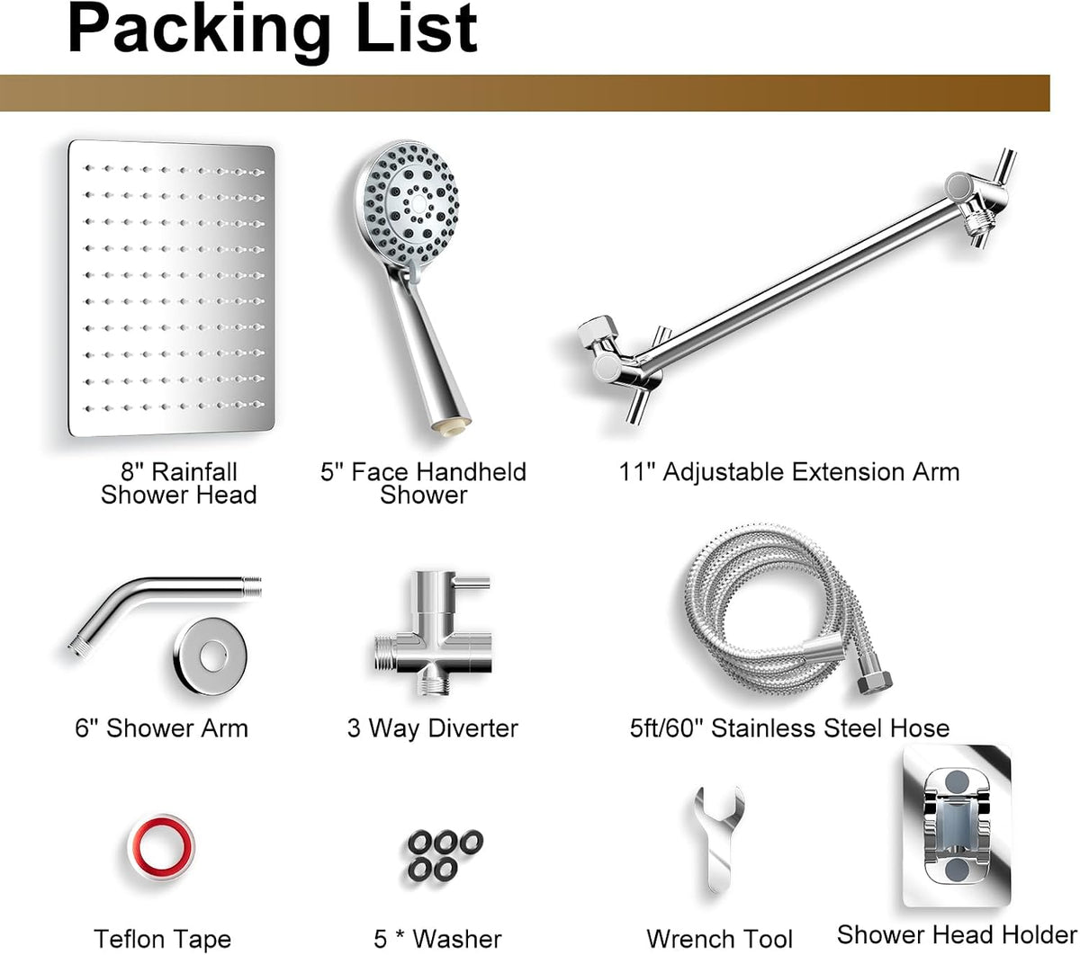 Shower Head with Handheld Spray, 8" High Pressure Rain Shower Head Combo with Adjustable Extension Arm, 5 Spray Modes Dual Showerhead Set, Detachable Handheld Shower, 304 Stainless Steel, Chrome