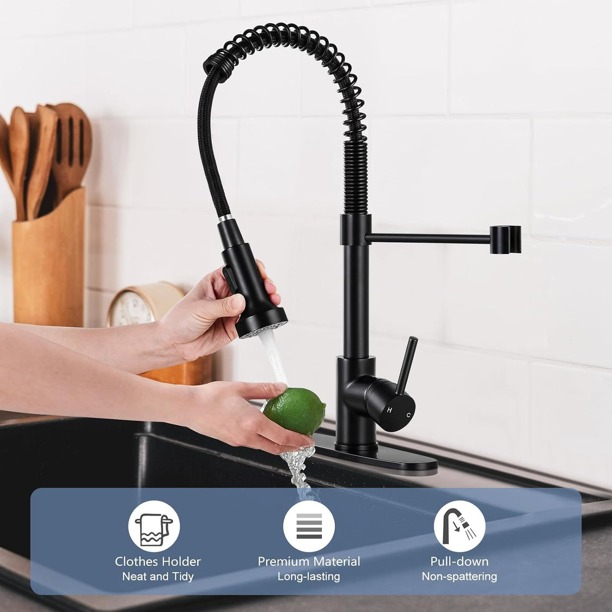 DJS Kitchen Sink Faucet with Pull Down Sprayer Single Handle Matte Black