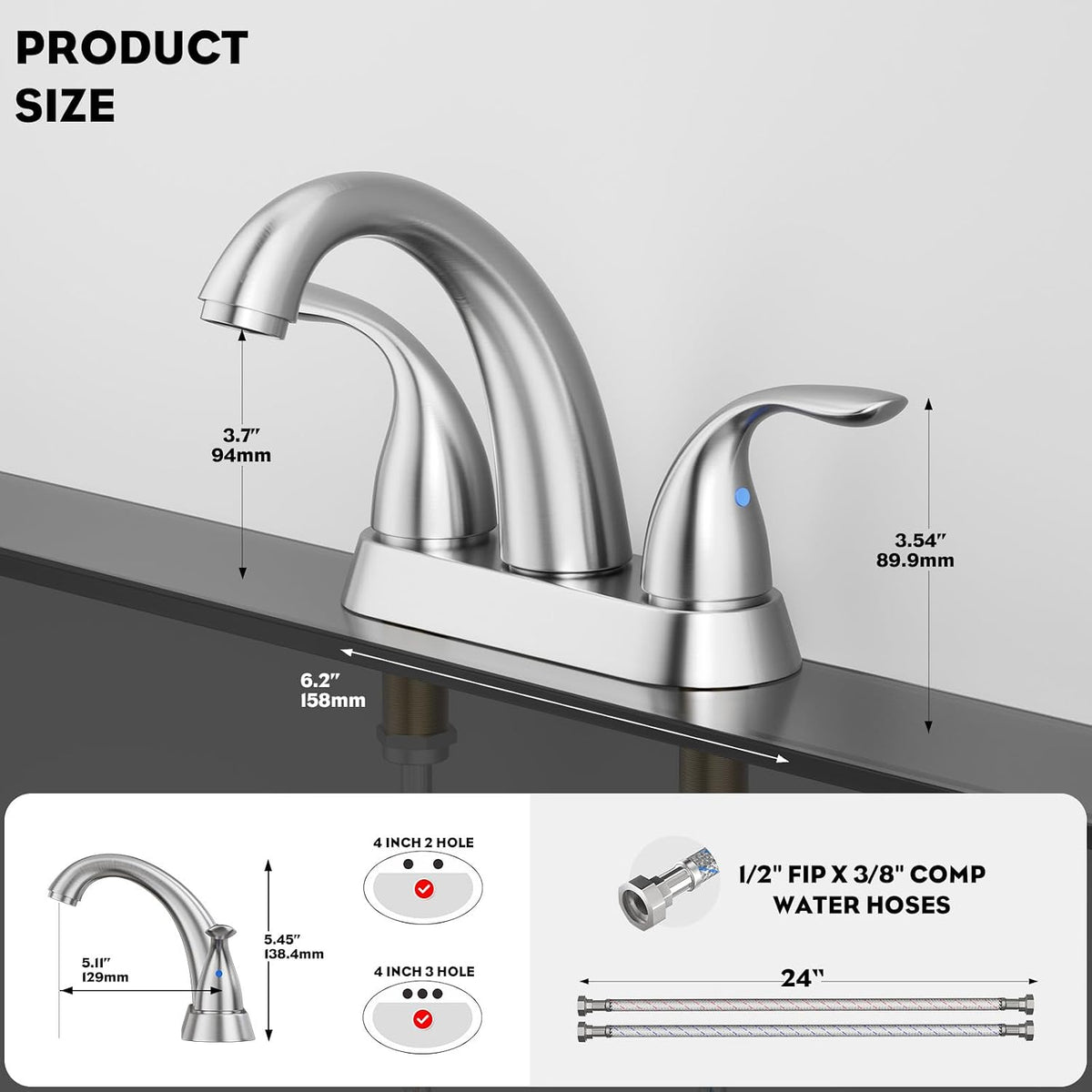 Phiestina Centerset 4 Inch Brushed Nickel 2 or 3 Holes Stainless Steel Bathroom Sink Faucet, 2 Handle Bathroom Faucet with Copper Pop Up Drain and Water Supply Lines, BF008-5-BN