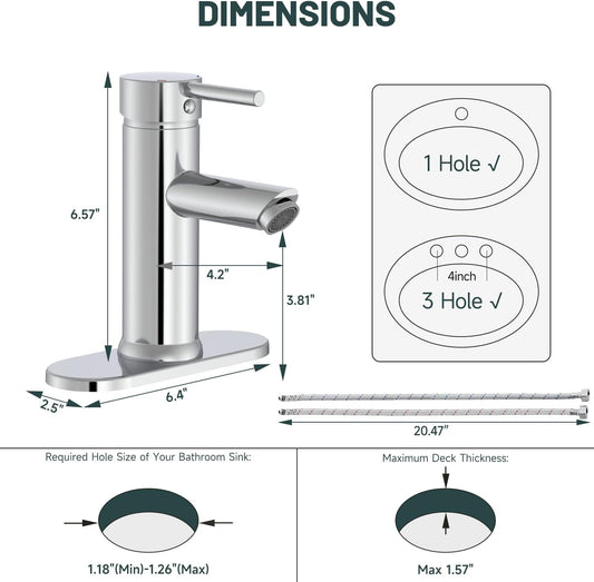 Bathroom Faucet for 1 or 3 Holes, Brass, Chrome