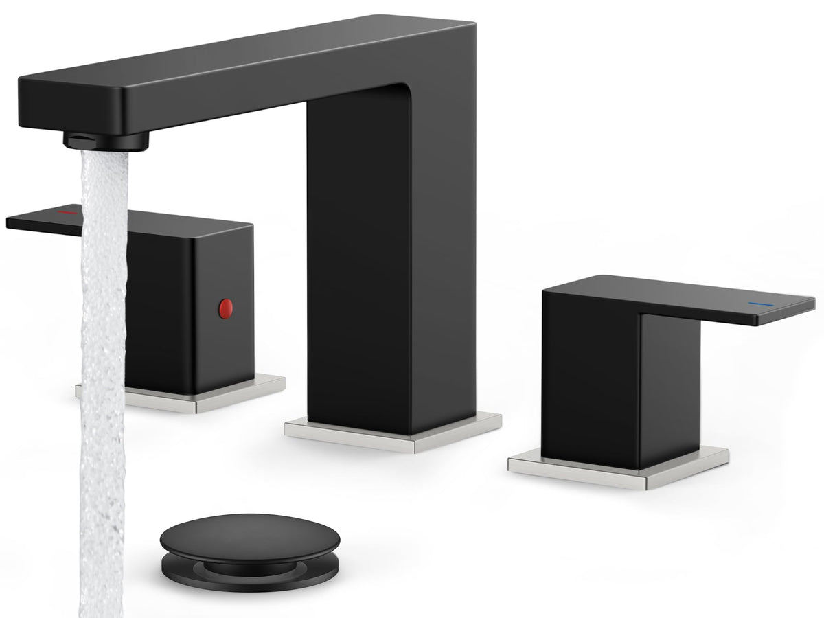 FORIOUS Black Bathroom Faucet 3 Hole, Matte Black Bathroom Sink Faucet Wide