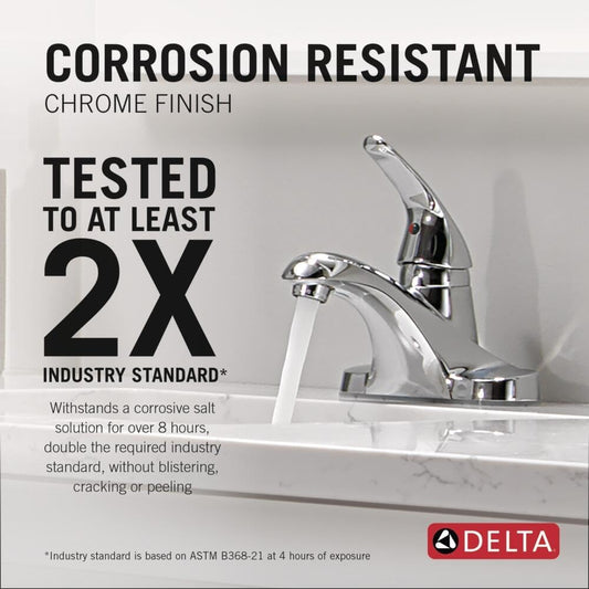 Delta Foundations Centerset Chrome Bathroom Faucet, 4 Inch 3 Hole Bathroom Sink Faucet for Vanity, Metal Push-Pop Drain Assembly, Chrome B501LF