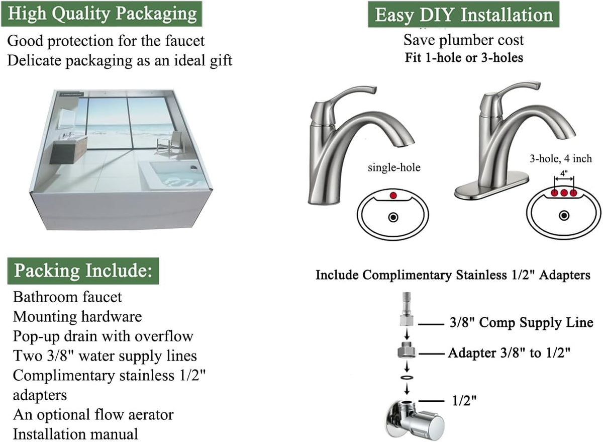 TimeArrow Bathroom Faucet Brushed Nickel with Drain and Water Supply Lines