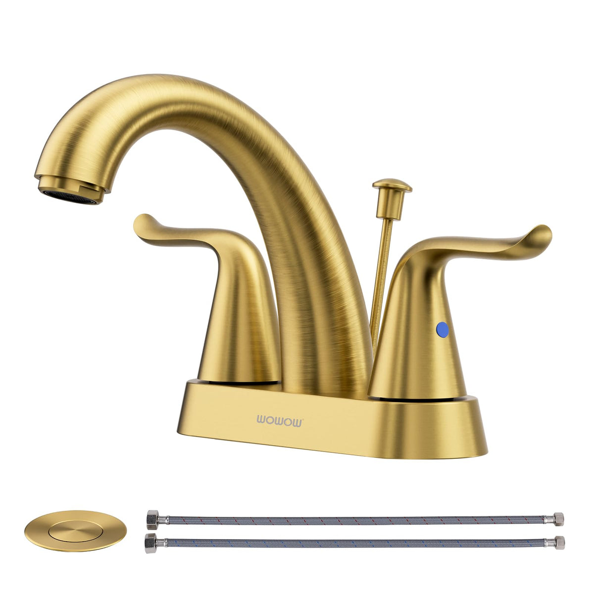 WOWOW Bathroom Faucet 2 Handle 4 Inch Centerset Bathroom Sink Faucet, Lead-Free Basin Mixer Tap with Lift Rod Drain Stopper, 2 Handle Centerset Lavatory Brushed Nickel Vanity Faucet