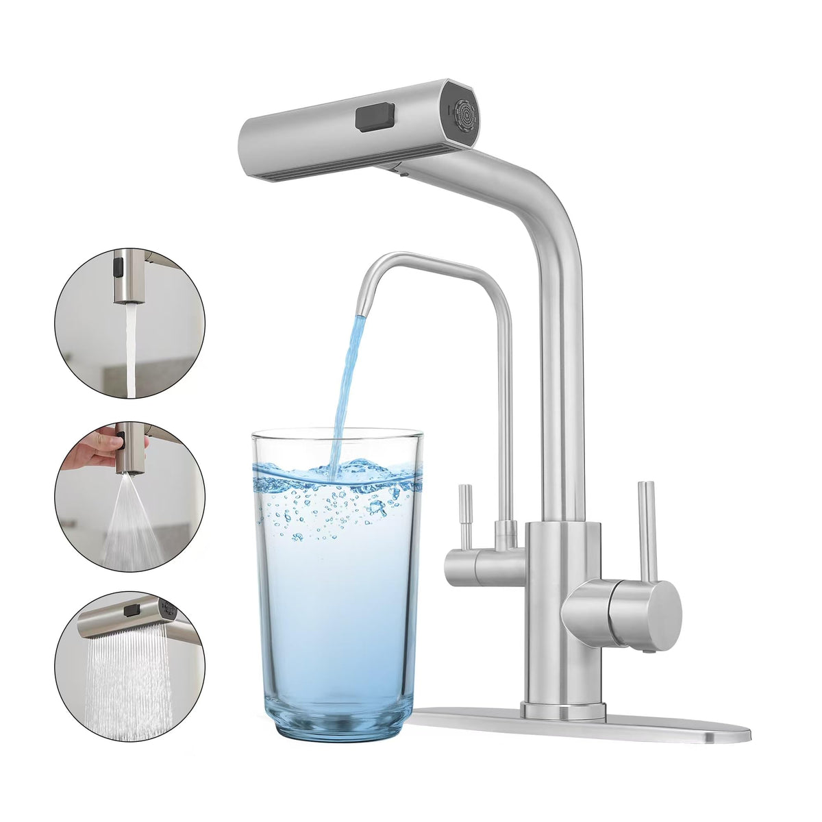 JOOM Black Waterfall Kitchen Faucet with Pull Down Sprayer & Soap Dispenser
